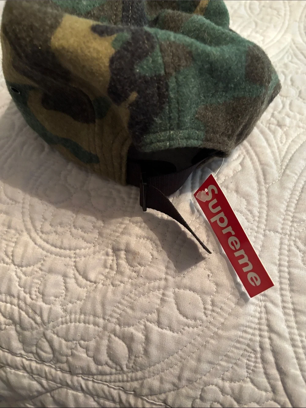 Supreme Mens Camo Five-Panel Cap with Red Logo